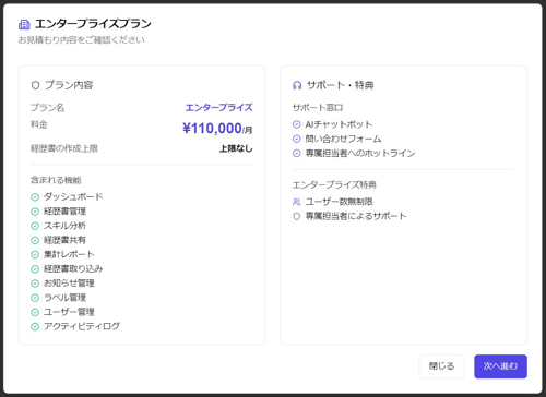 エンタープライズプラン見積もり内容確認画面のスクリーンショット