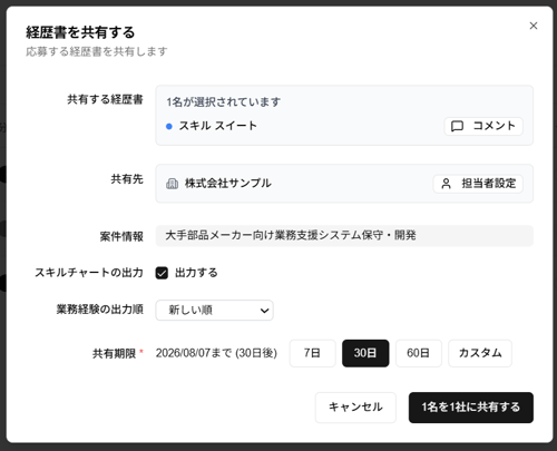 「経歴書を共有する」ダイアログのスクリーンショット