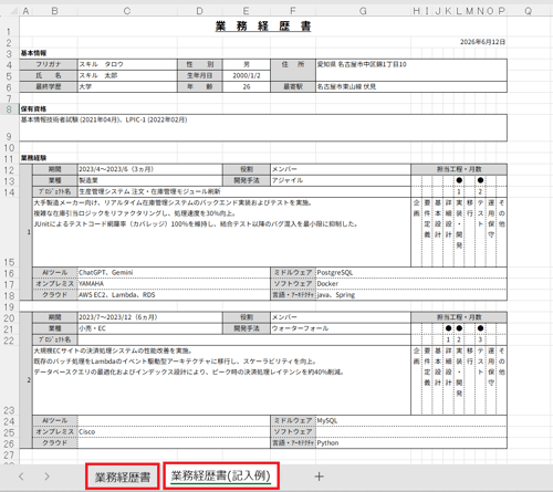 「経歴書」ボタンと「業務経歴書(記入例)」ボタンのスクリーンショット