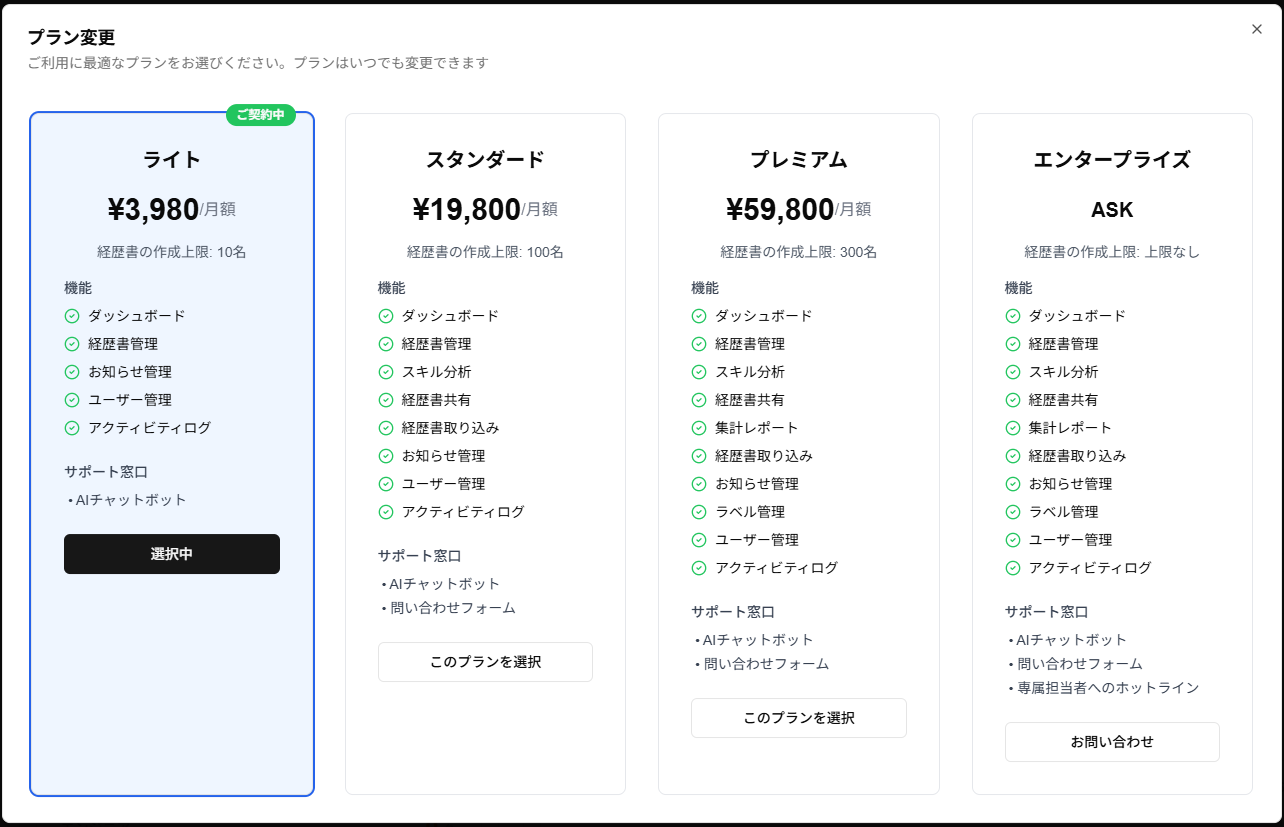 プラン変更ダイアログのスクリーンショット