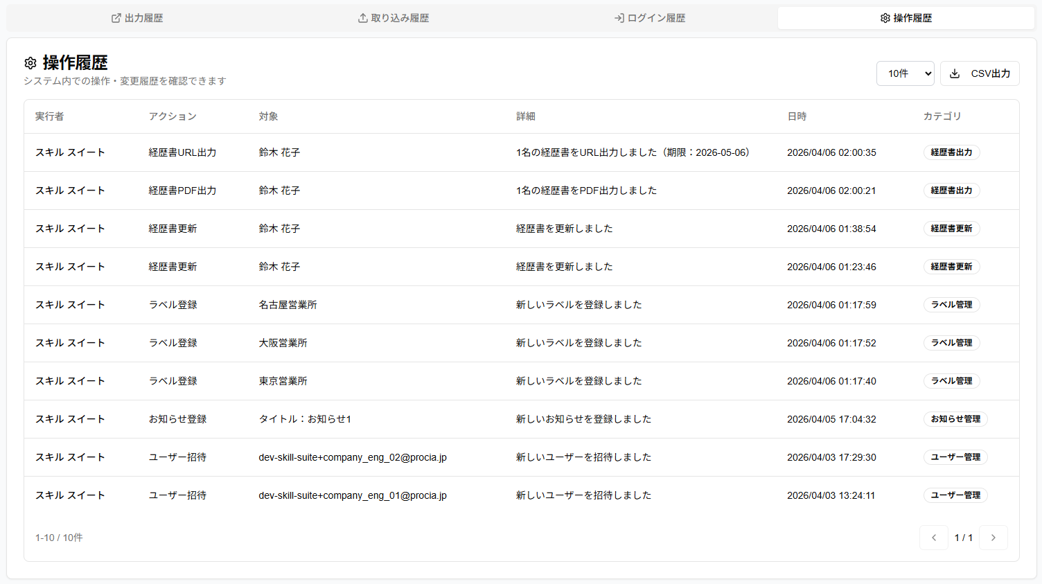 操作履歴タブのスクリーンショット